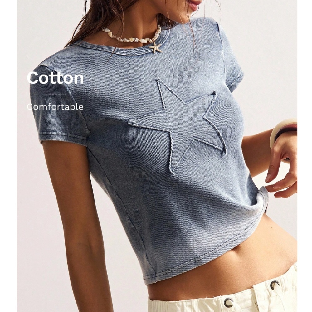Cotton Rib Knit Grey Tee Shirt Star Patch Applique
